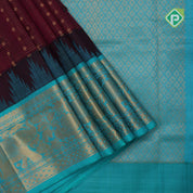 Magenta pink gold zari lines thilagam buttas design rama blue gold zari border silk cotton saree