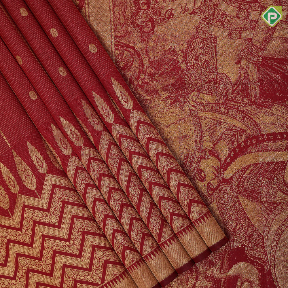 Maroon red gold zari vairaoosi coin butta design self gold zati zig zag temple rack border manamedai pallu concept fusion silk saree