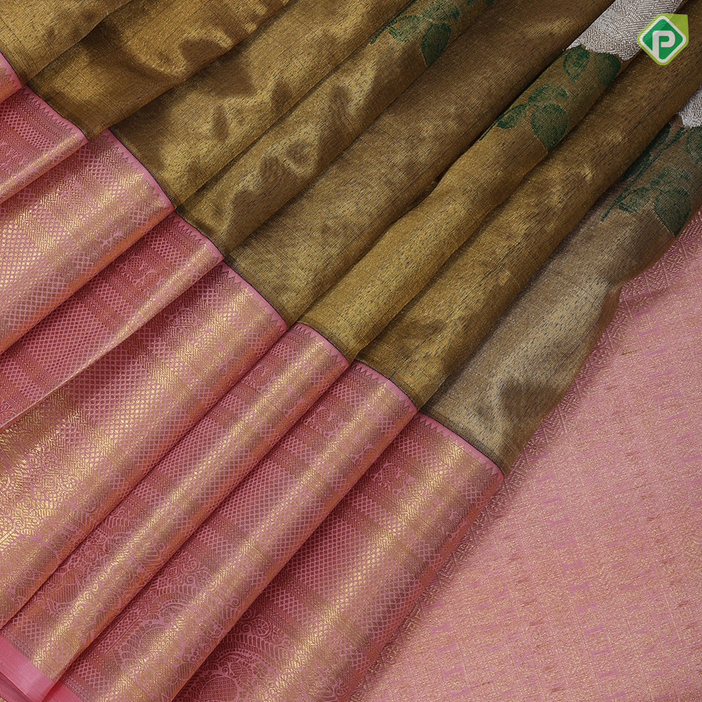 gold zari tissue multi color rose meena work design Pink gold zari border bridal tissue silk saree