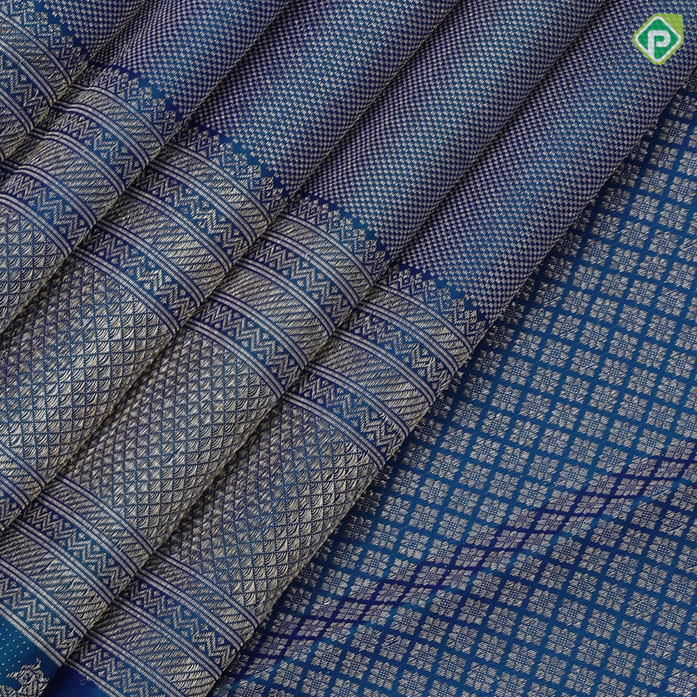 Peacock blue silver gold zari tissue design self edge peacock butta border grand bridal silk saree