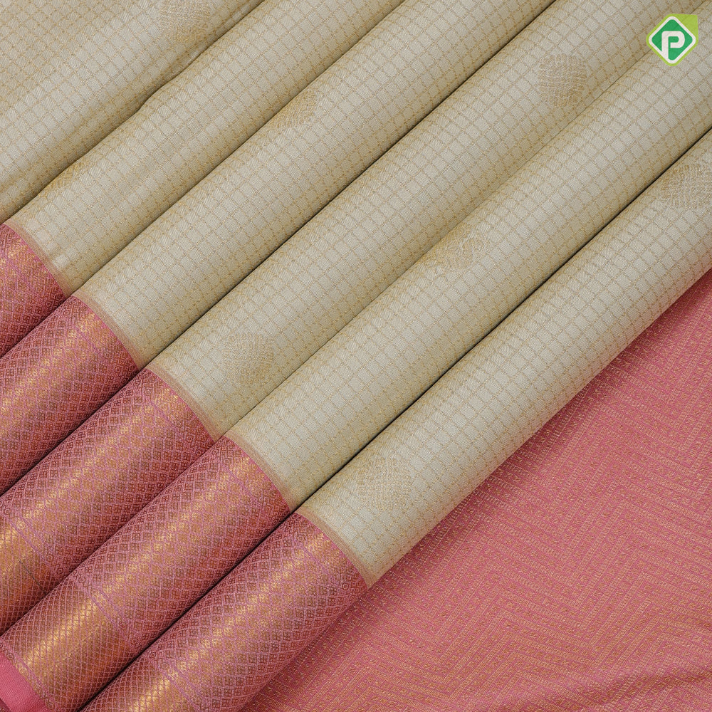 cream white gold zari kattam rudraksham butta peach pink gold zari mayilkan diamond design border traditional silk saree
