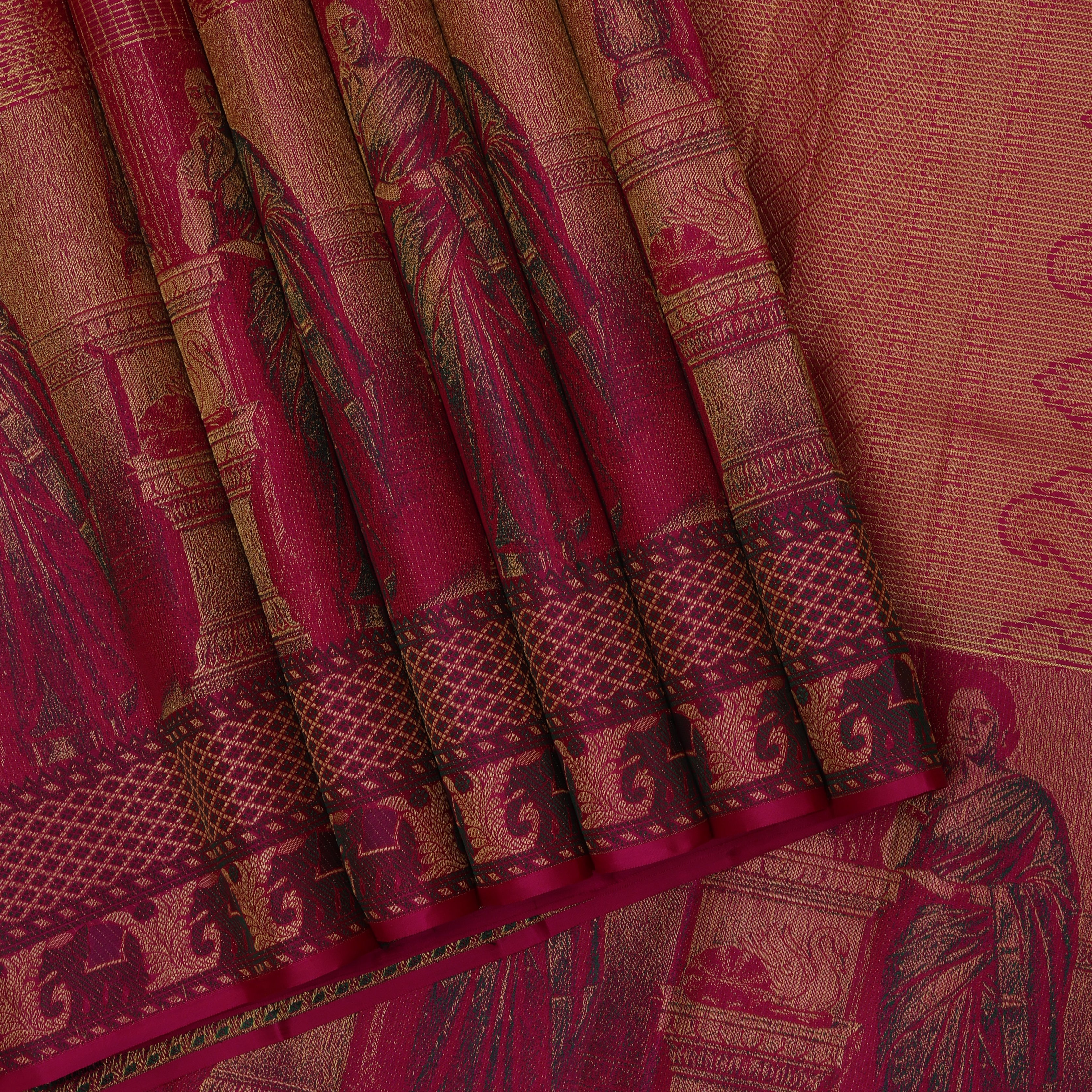 Rani Pink gold zari checkered round butta design nalathamandi painting effect border signature silk saree