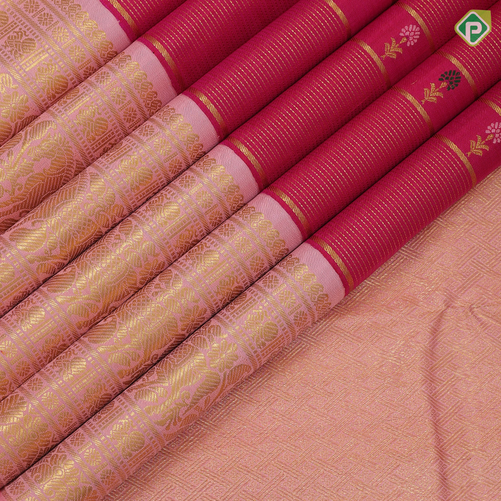 Rose pink gold zari vairaoosi multi color flower meena work butta baby pink gold zari horse butta high border fusion silk saree