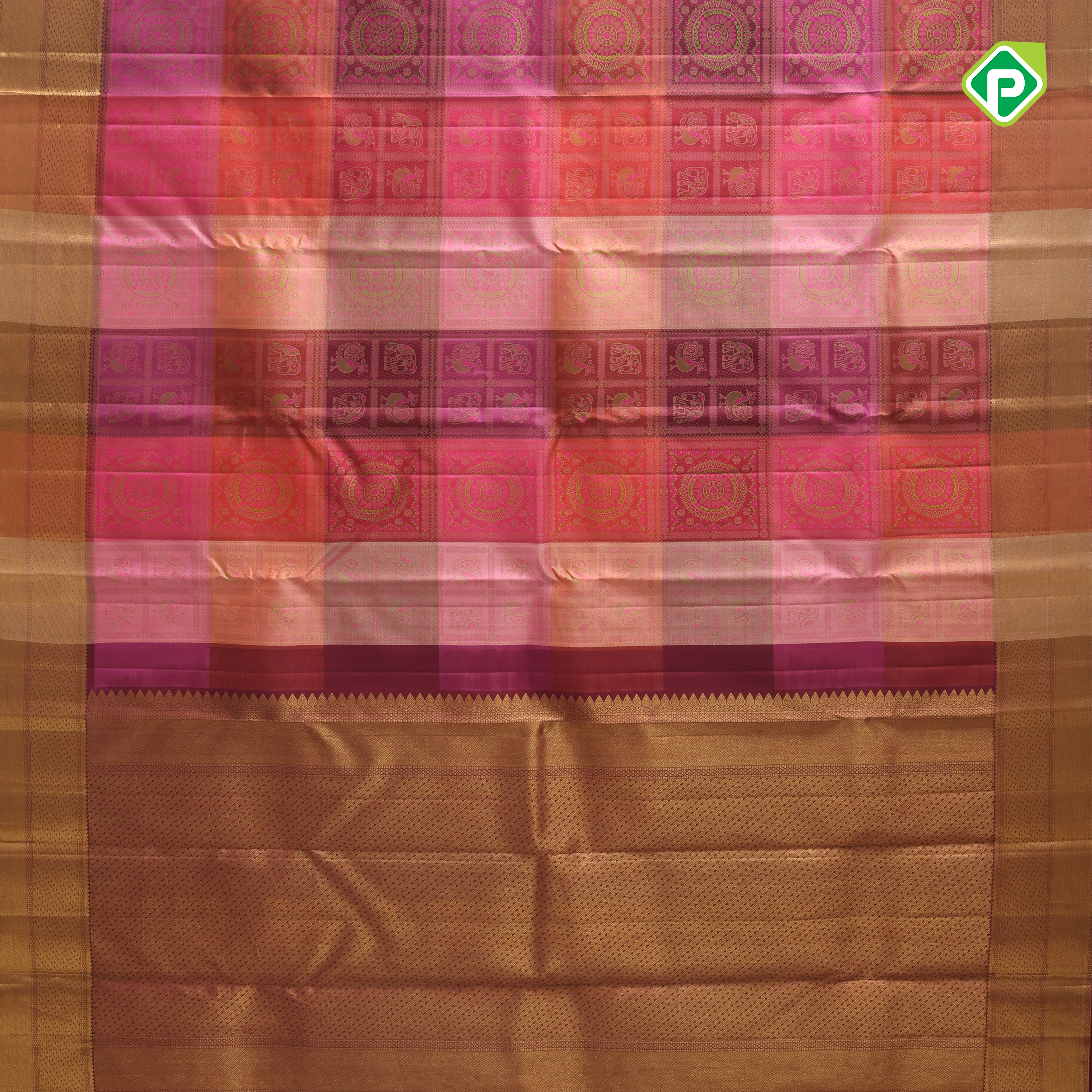Pink Base green silk thread classic butta checks design self gold zari border grand silk saree