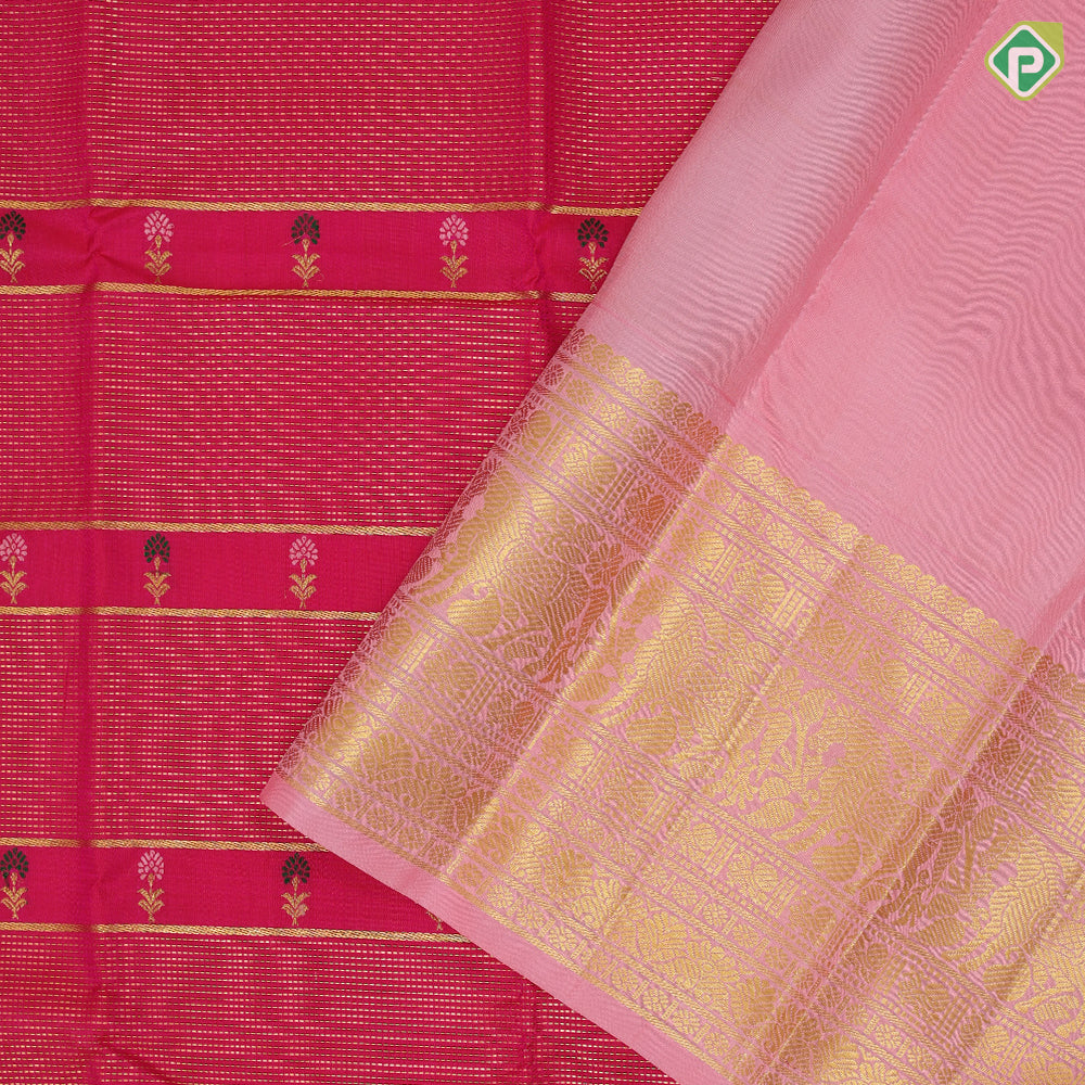 Rose pink gold zari vairaoosi multi color flower meena work butta baby pink gold zari horse butta high border fusion silk saree