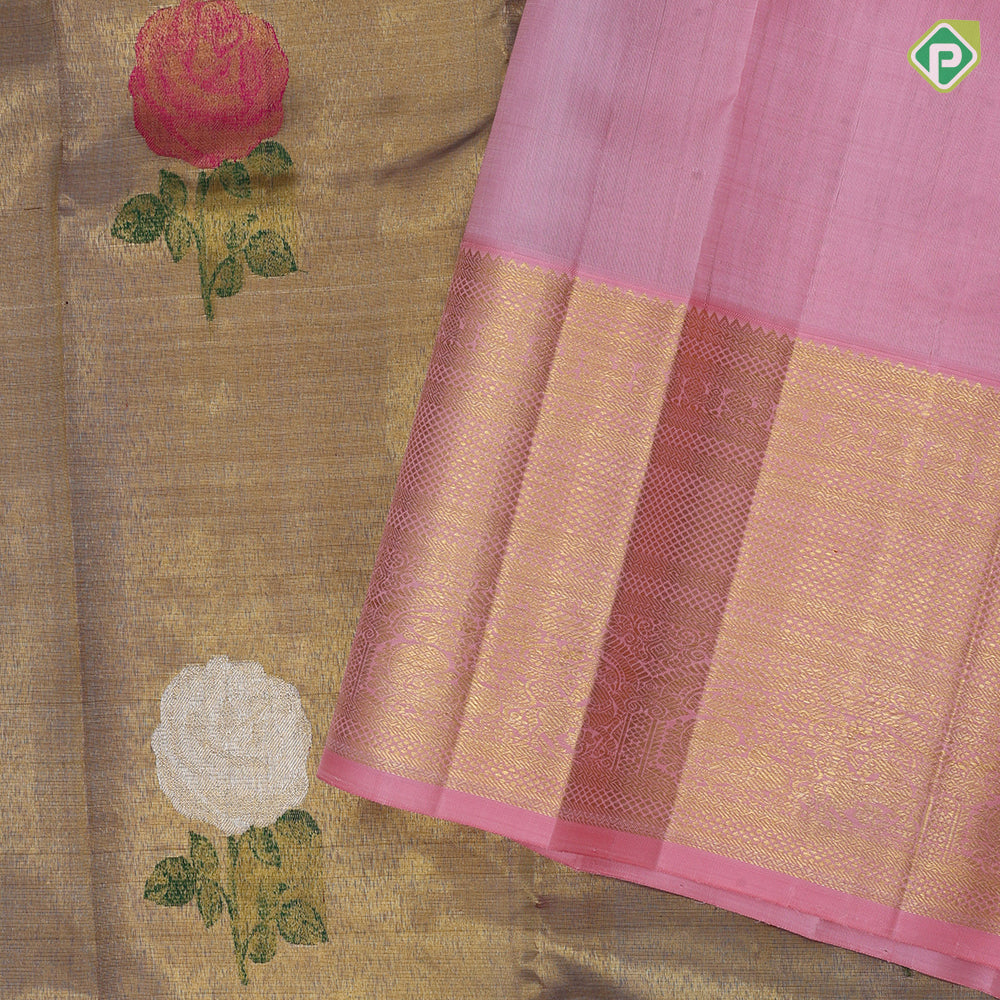 gold zari tissue multi color rose meena work design Pink gold zari border bridal tissue silk saree
