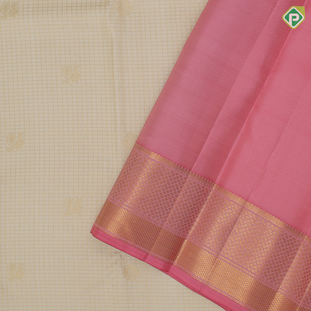 cream white gold zari kattam rudraksham butta peach pink gold zari mayilkan diamond design border traditional silk saree