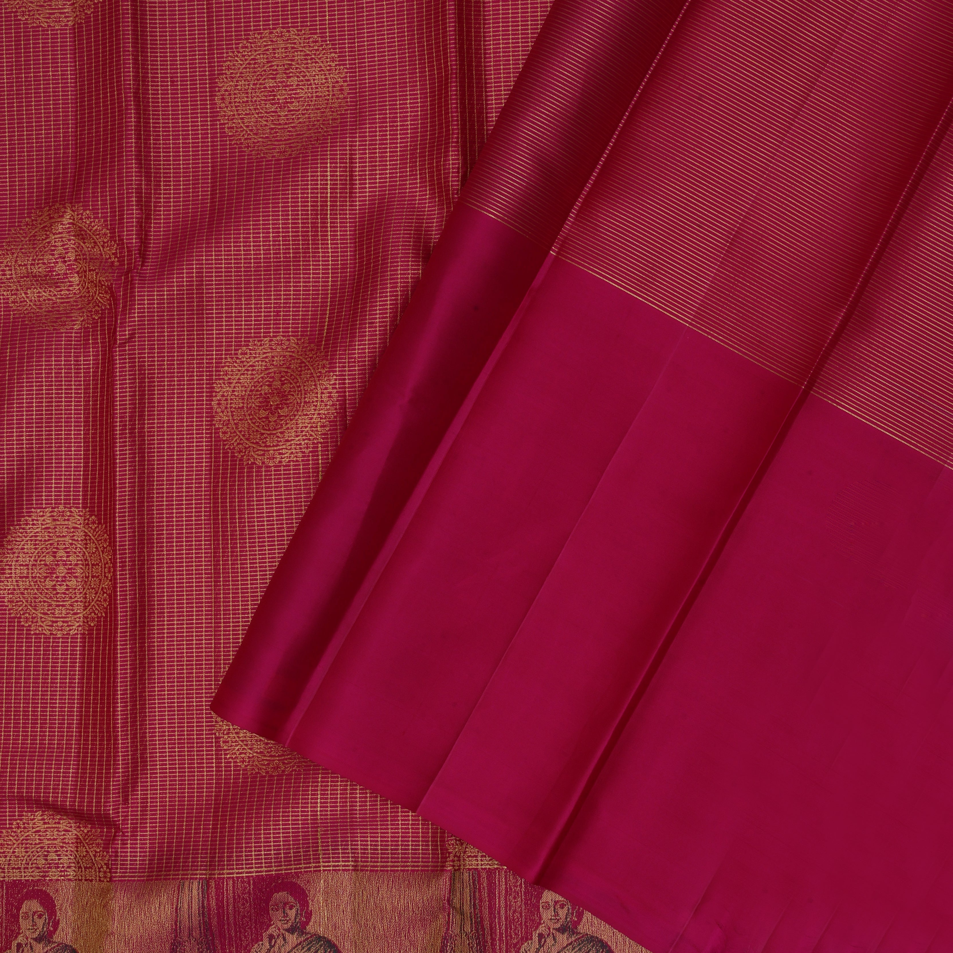 Rani Pink gold zari checkered round butta design nalathamandi painting effect border signature silk saree