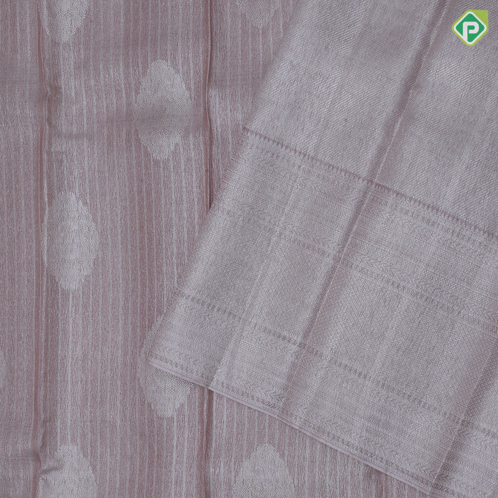 peach silver stripes and butta design self silver zari multi design border kanchi koora silk saree