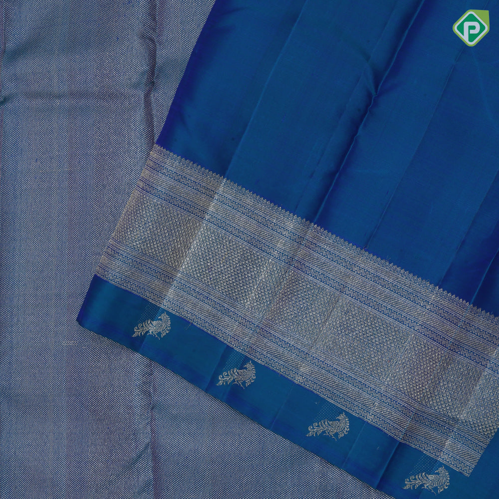 Peacock blue silver gold zari tissue design self edge peacock butta border grand bridal silk saree