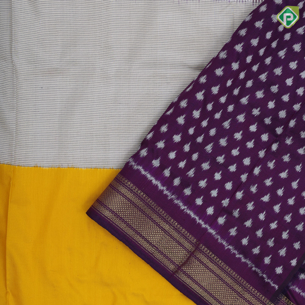 Tricolor three part body design purple ikkat design border purple pallu concept ikkat design silk saree