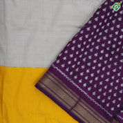Tricolor three part body design purple ikkat design border purple pallu concept ikkat design silk saree