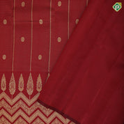Maroon red gold zari vairaoosi coin butta design self gold zati zig zag temple rack border manamedai pallu concept fusion silk saree