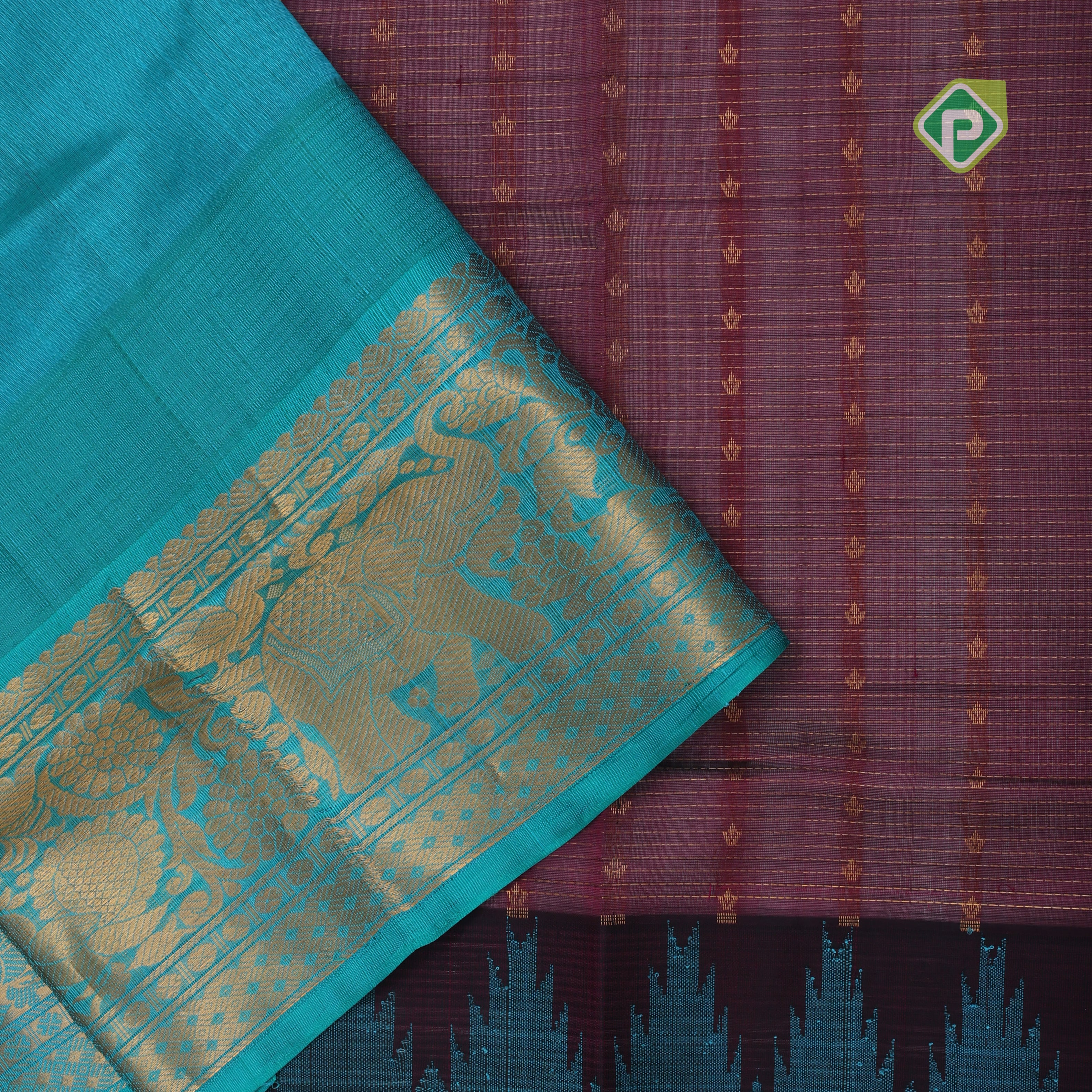 Magenta pink gold zari lines thilagam buttas design rama blue gold zari border silk cotton saree