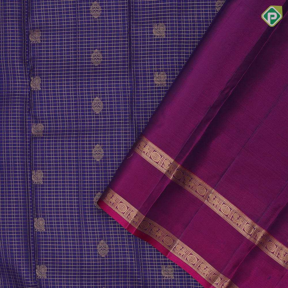 Royal Blue Gold Zari Small Checks Peacock Thilagam Design Magenta Peacock Chagaram Elephant Border Design Pure Mix Silk Saree