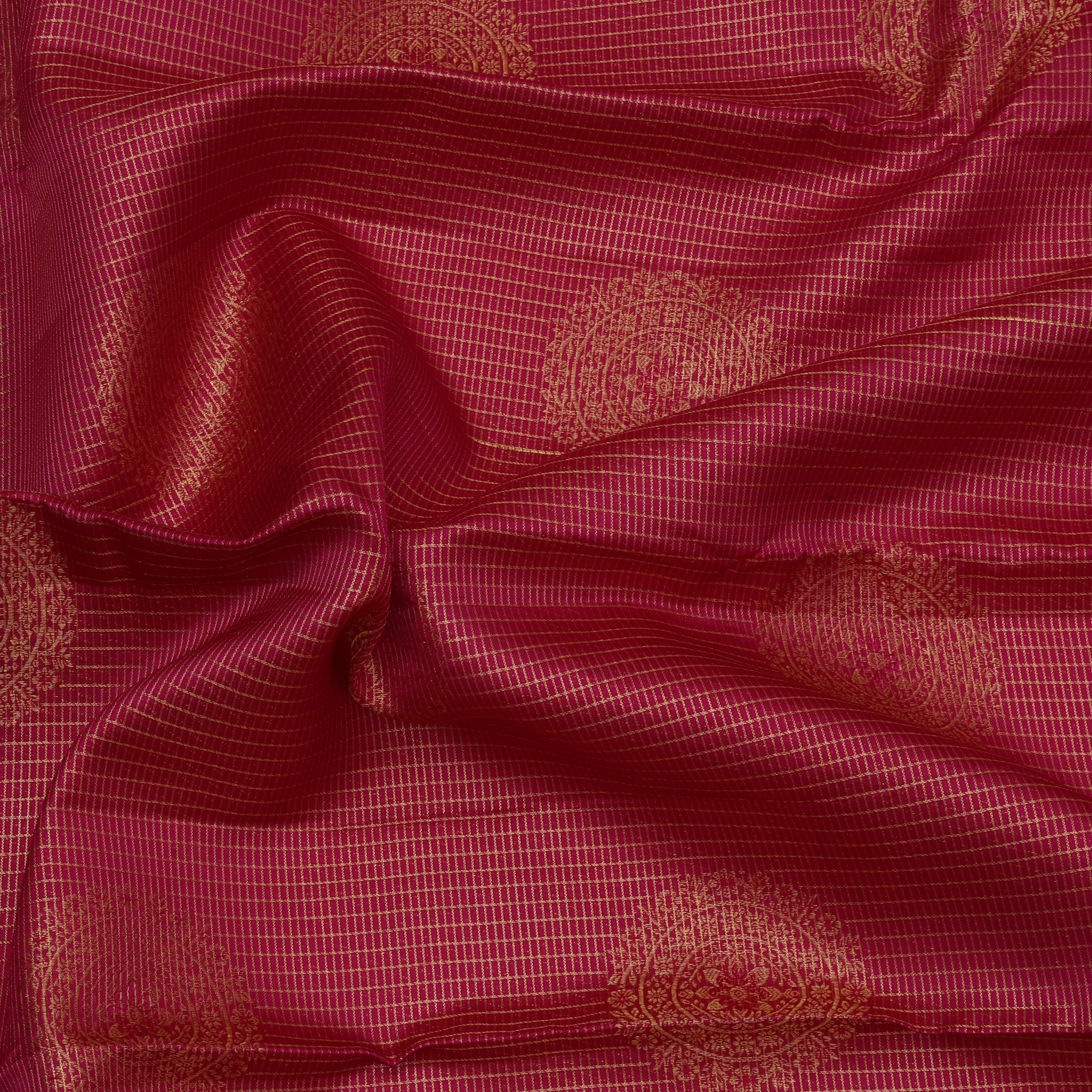 Rani Pink gold zari checkered round butta design nalathamandi painting effect border signature silk saree