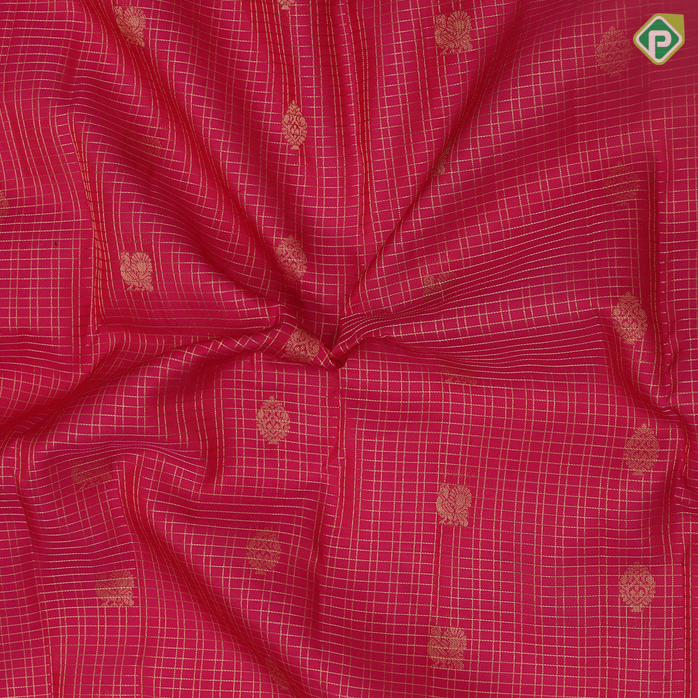 Rani Pink Gold Zari Small Checks Peacock Thilagam Design peacock Blue Peacock Elephant Chagaram Border Design Pure Mix Silk Saree