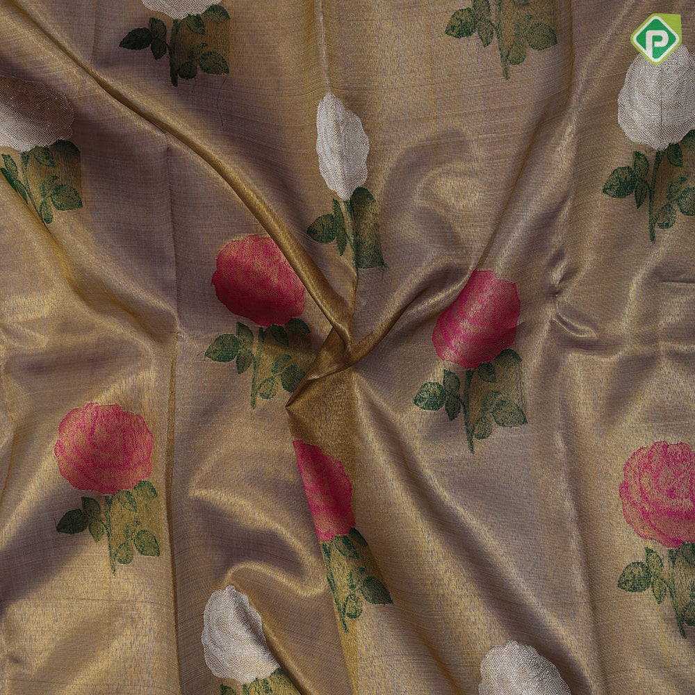 gold zari tissue multi color rose meena work design Pink gold zari border bridal tissue silk saree