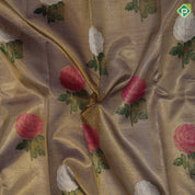 gold zari tissue multi color rose meena work design Pink gold zari border bridal tissue silk saree