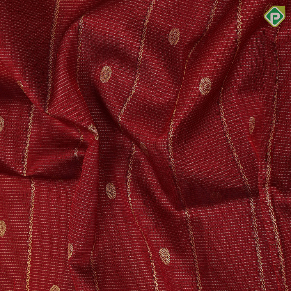 Maroon red gold zari vairaoosi coin butta design self gold zati zig zag temple rack border manamedai pallu concept fusion silk saree