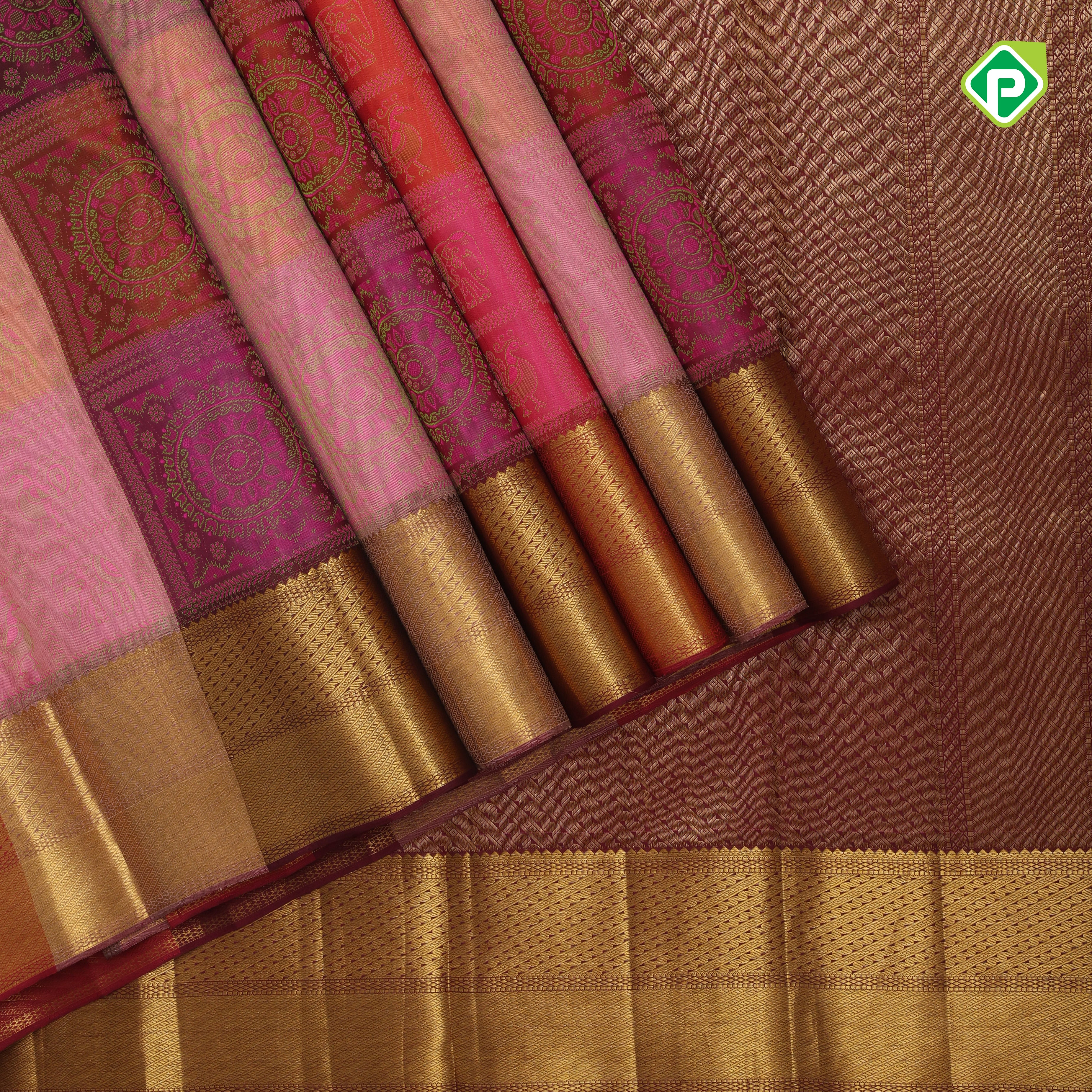 Pink Base green silk thread classic butta checks design self gold zari border grand silk saree
