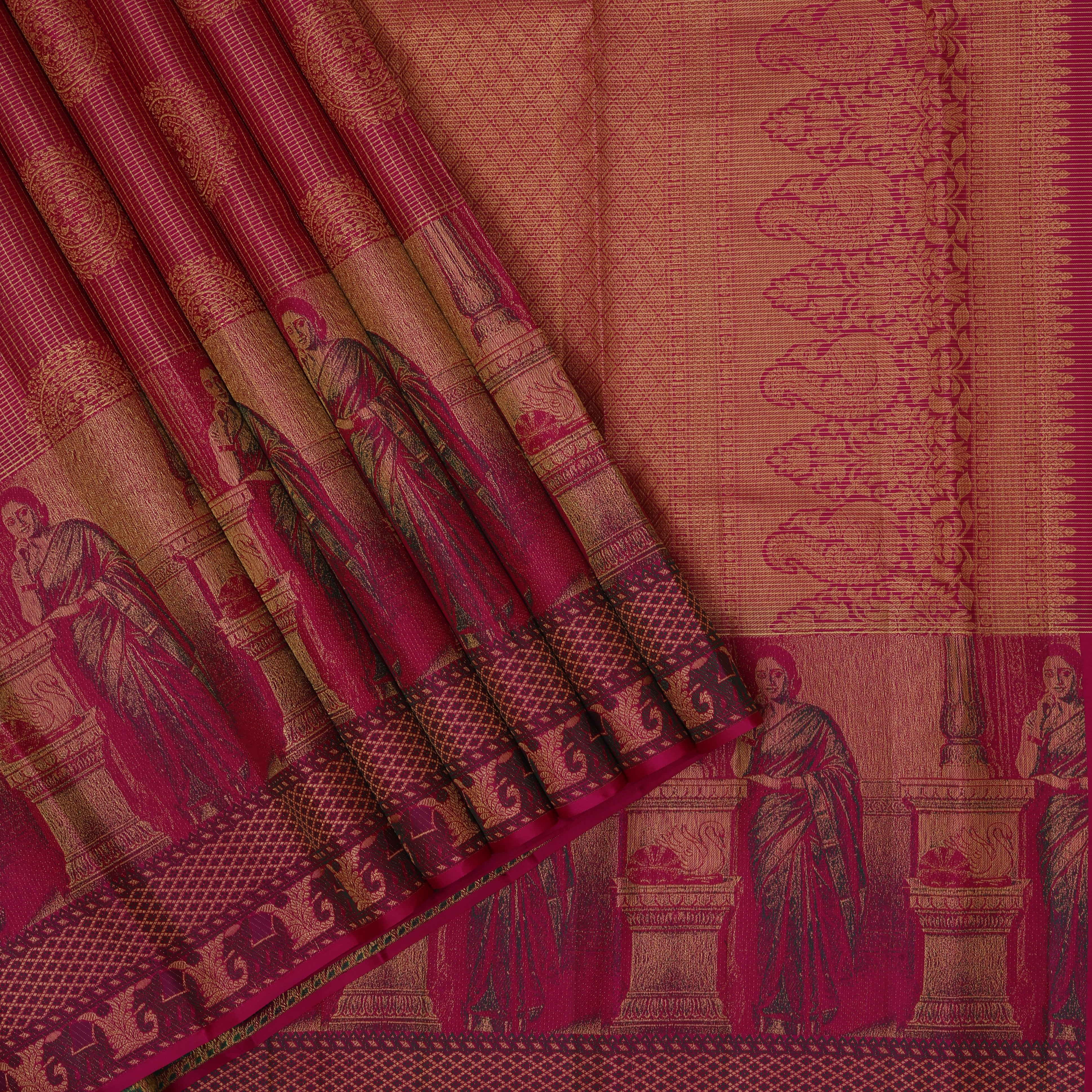 Rani Pink gold zari checkered round butta design nalathamandi painting effect border signature silk saree