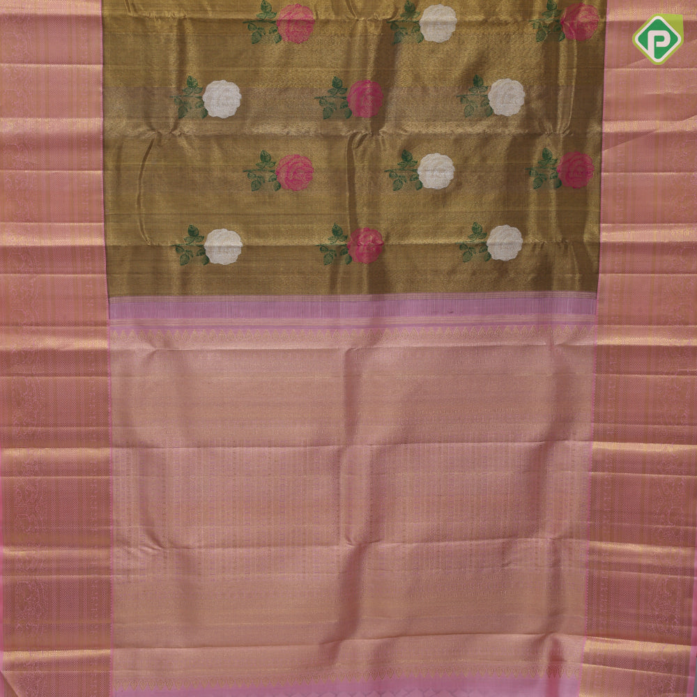 gold zari tissue multi color rose meena work design Pink gold zari border bridal tissue silk saree