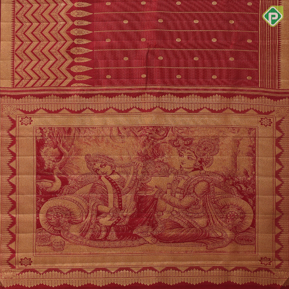 Maroon red gold zari vairaoosi coin butta design self gold zati zig zag temple rack border manamedai pallu concept fusion silk saree
