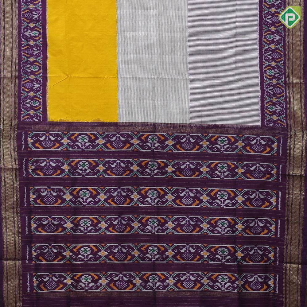 Tricolor three part body design purple ikkat design border purple pallu concept ikkat design silk saree