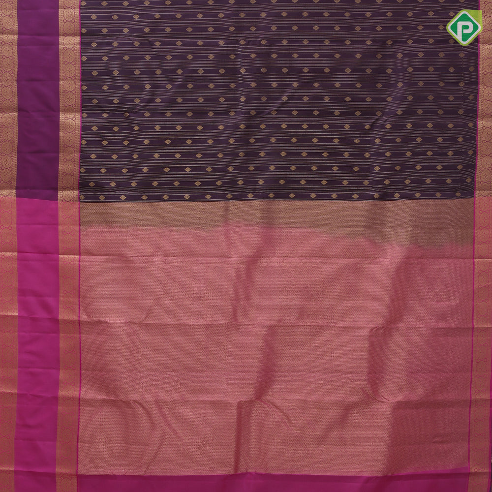 Grape brown gold zari stripes and flower butta purple gold zari retta pattai border pure mix silk saree