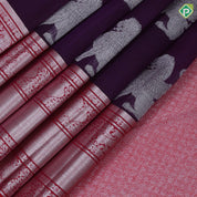 Dark purple silver zari flying shimma yaali butta red silver zari three lines border butta organza silk saree