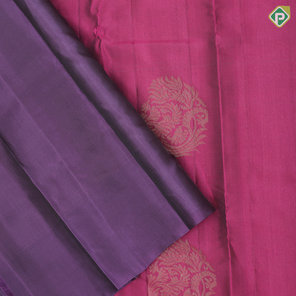 Magenta pink big fancy flower butta purple gold zari flower butta border pure mix silk saree