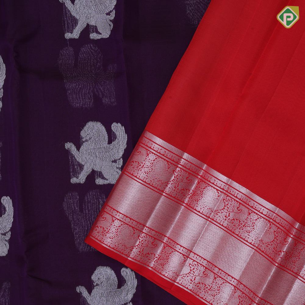 Dark purple silver zari flying shimma yaali butta red silver zari three lines border butta organza silk saree