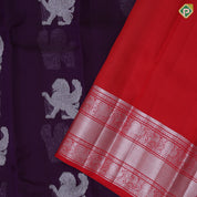 Dark purple silver zari flying shimma yaali butta red silver zari three lines border butta organza silk saree