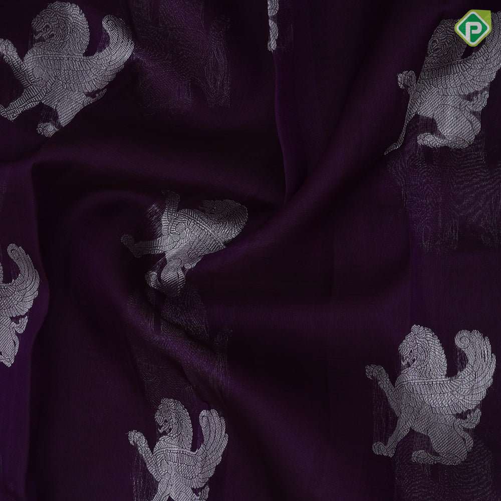 Dark purple silver zari flying shimma yaali butta red silver zari three lines border butta organza silk saree