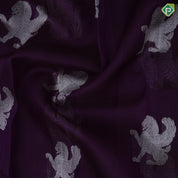 Dark purple silver zari flying shimma yaali butta red silver zari three lines border butta organza silk saree