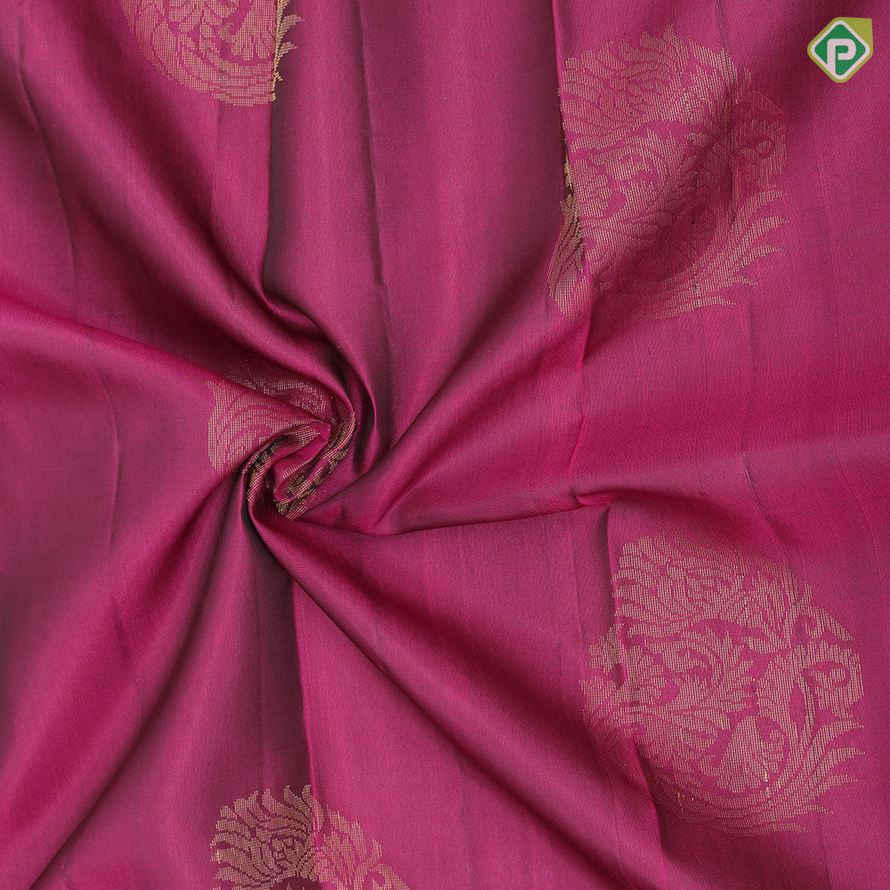 Magenta pink big fancy flower butta purple gold zari flower butta border pure mix silk saree