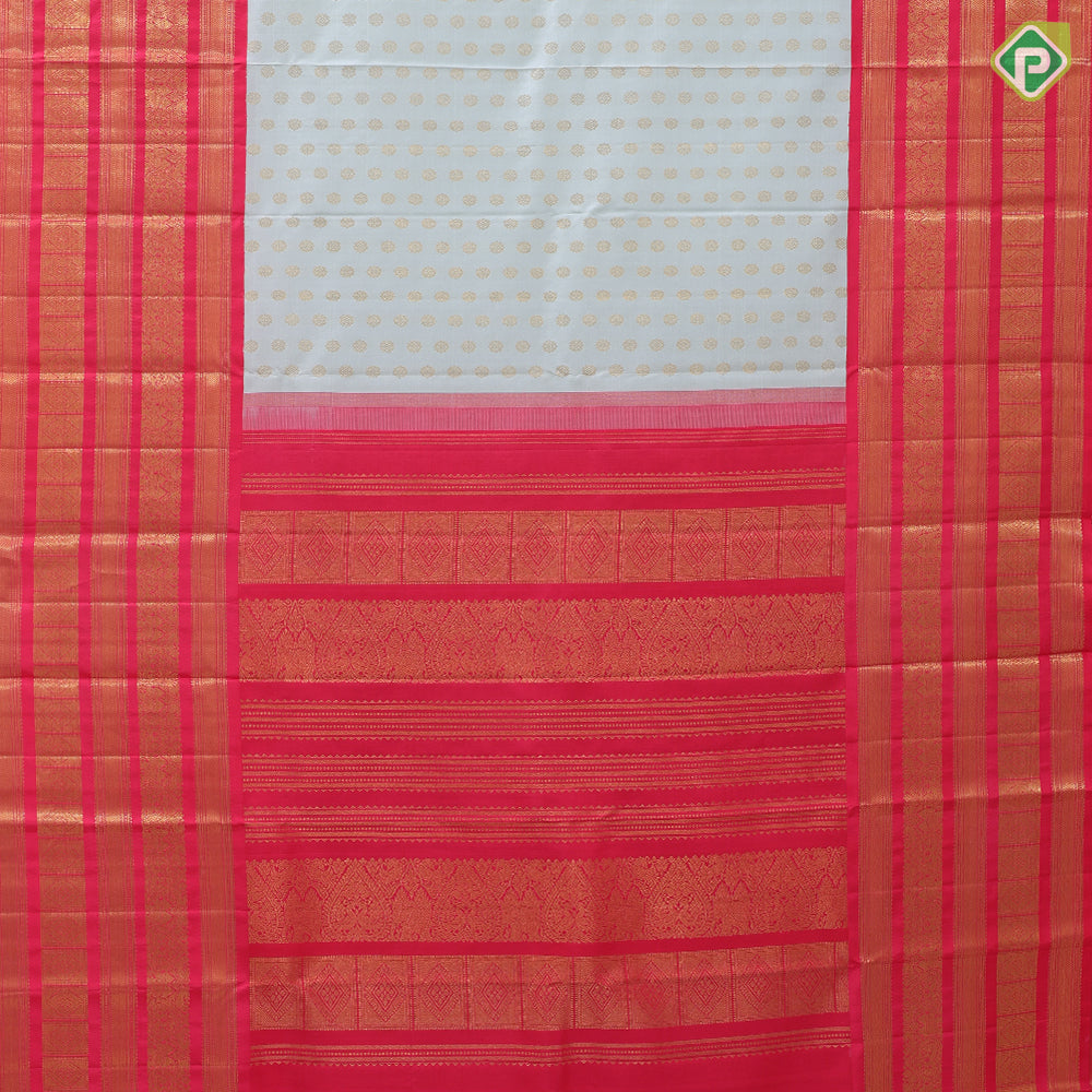 Mint green gold zari rudraksham coin butta design tomato red gold zari multi designed lines border vintage silk saree