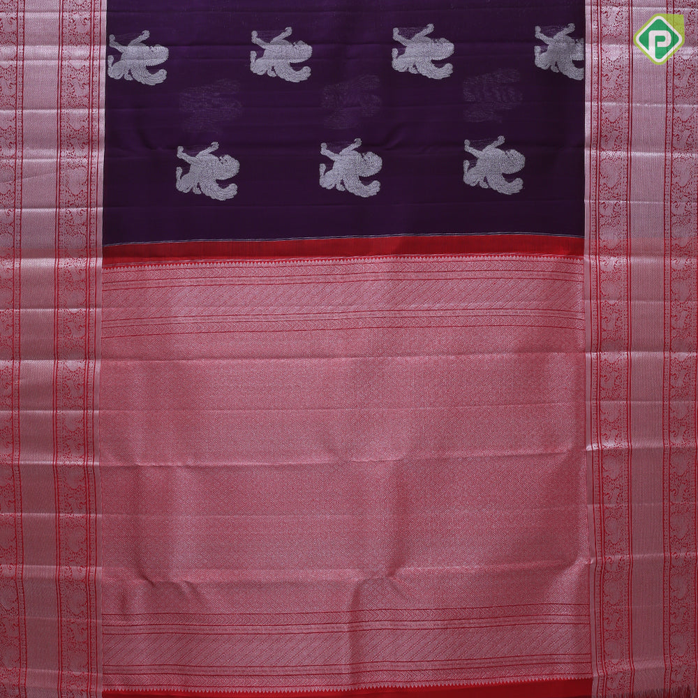 Dark purple silver zari flying shimma yaali butta red silver zari three lines border butta organza silk saree