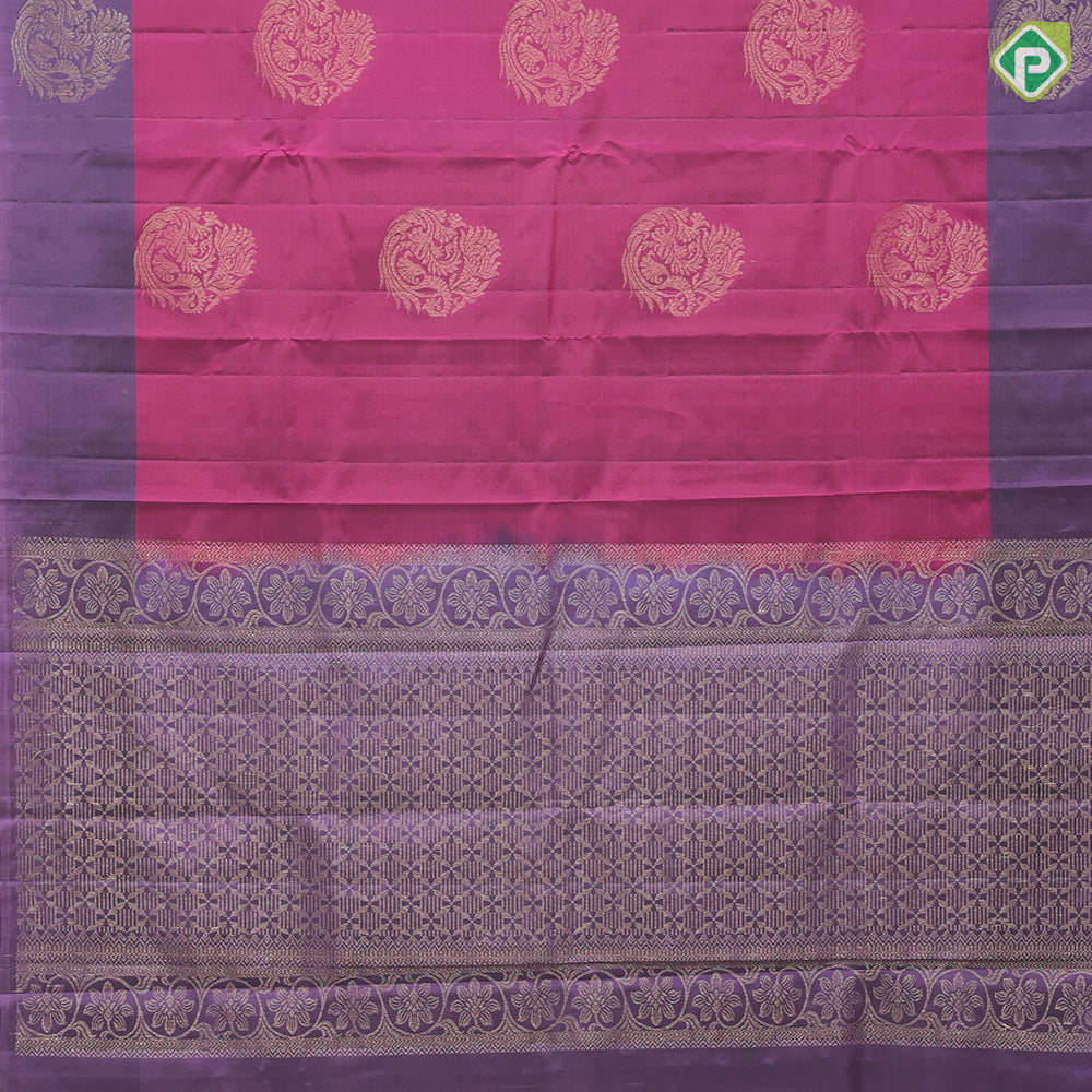 Magenta pink big fancy flower butta purple gold zari flower butta border pure mix silk saree