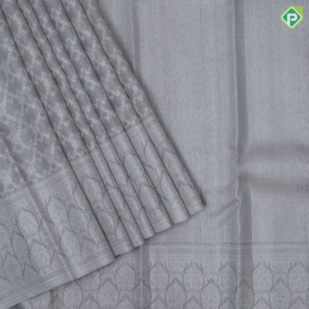 Ash grey zari grand creeper design self silver zari multi design lines border kanchi kora silk saree