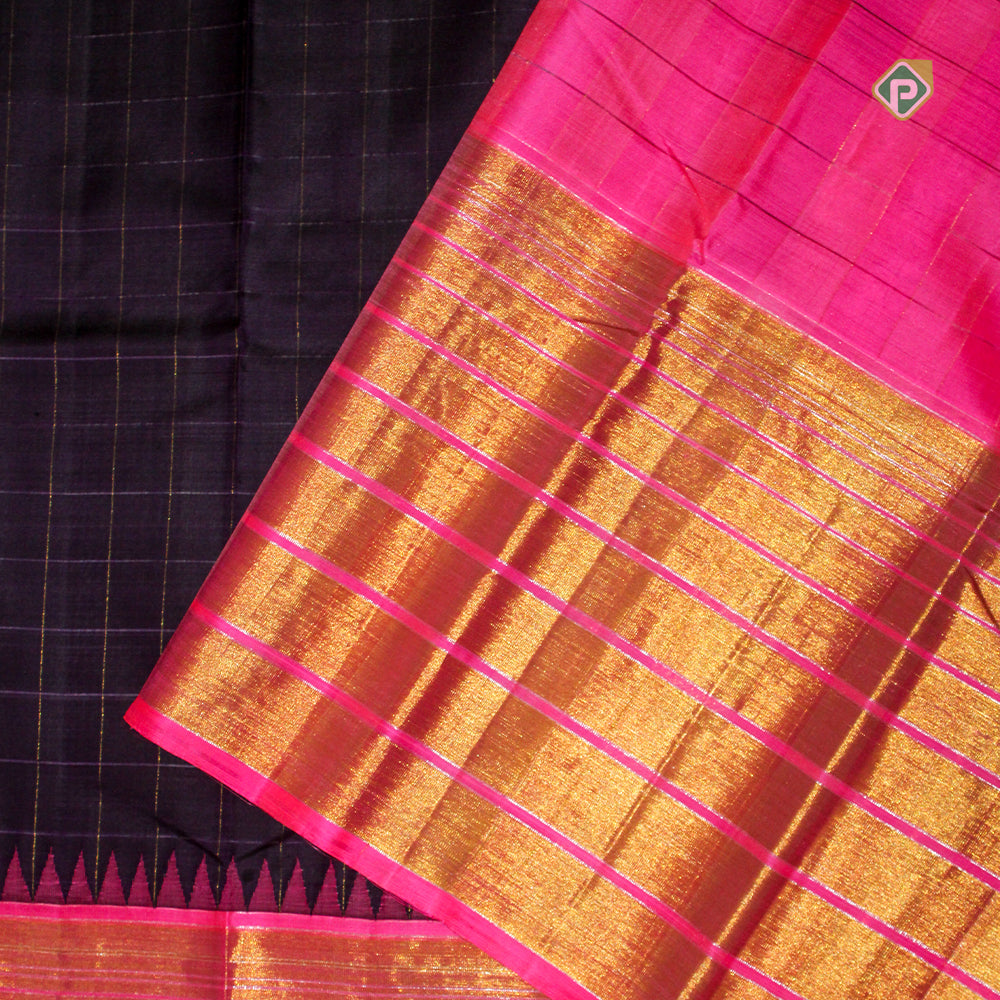 Violet Gold Zari Lines Temple Border Traditional Silk Saree