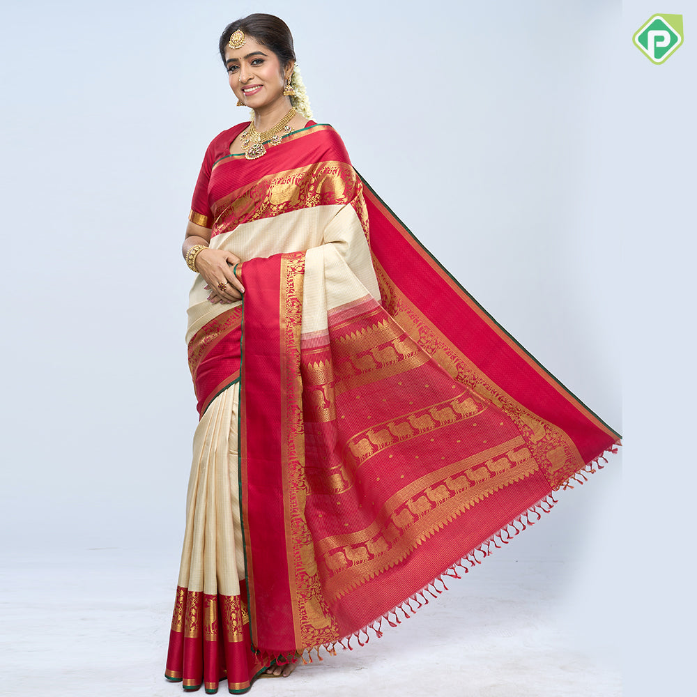cream white gold zari vairaoosi checks design rani red gold zari kamadenu butta pichwai border traditional silk saree