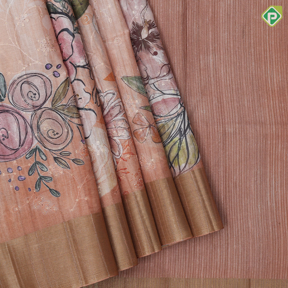 peach flower print and embroidered design gold zari plain border fancy cotton saree