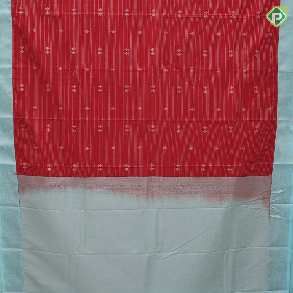 Tomato red gold zari lines and star butta design sky blue neem zari rangoli border art silk saree