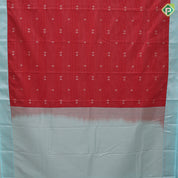 Tomato red gold zari lines and star butta design sky blue neem zari rangoli border art silk saree