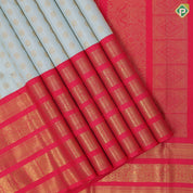 Mint green gold zari rudraksham coin butta design tomato red gold zari multi designed lines border vintage silk saree
