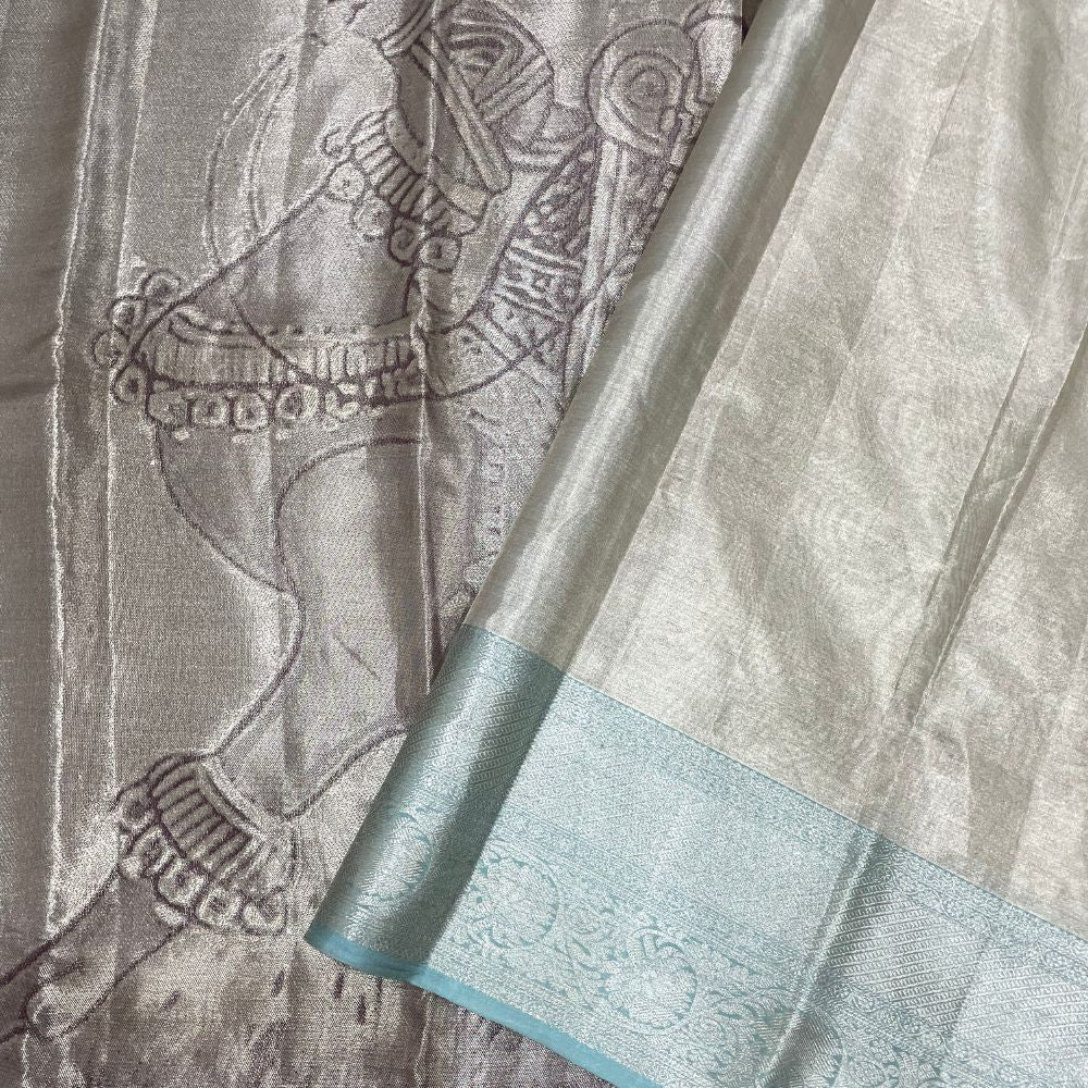 Silver Grey With Coffee Brown Silver Gold Zari Rangoli And Cross Lines Design Border Trendy Designer Silk Saree