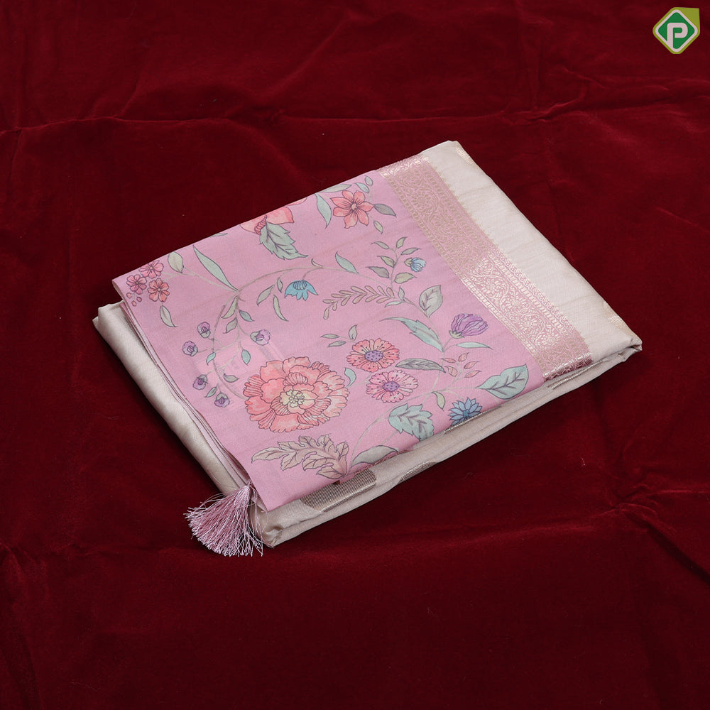cream with gold zari round butta design baby pink multi colour floral border semi tusser saree