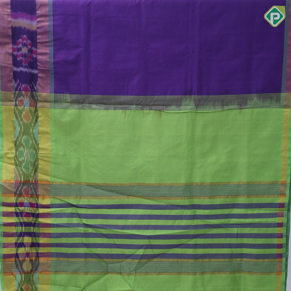 Darker Shade plain body design contrast zari padded ikkat border 10 yards silk cotton saree